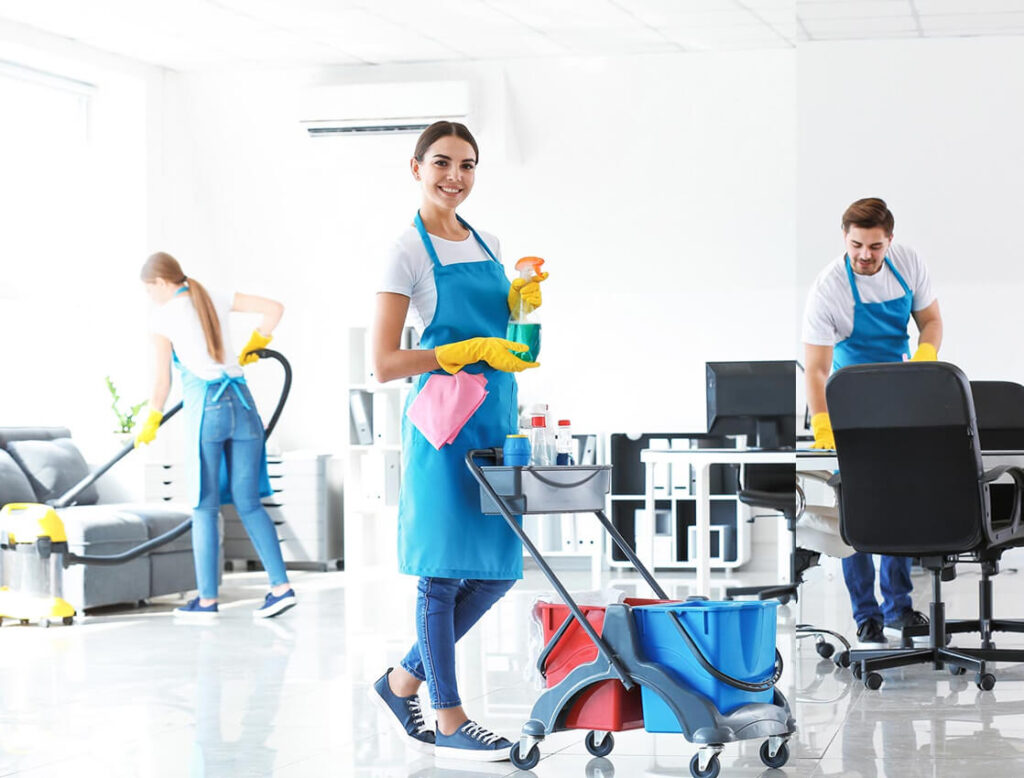 cleaning crew happily cleaning office place