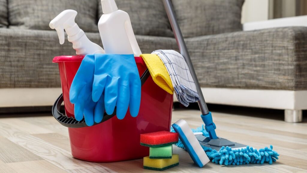 cleaning materials such as sponge gloves towel and floor mop