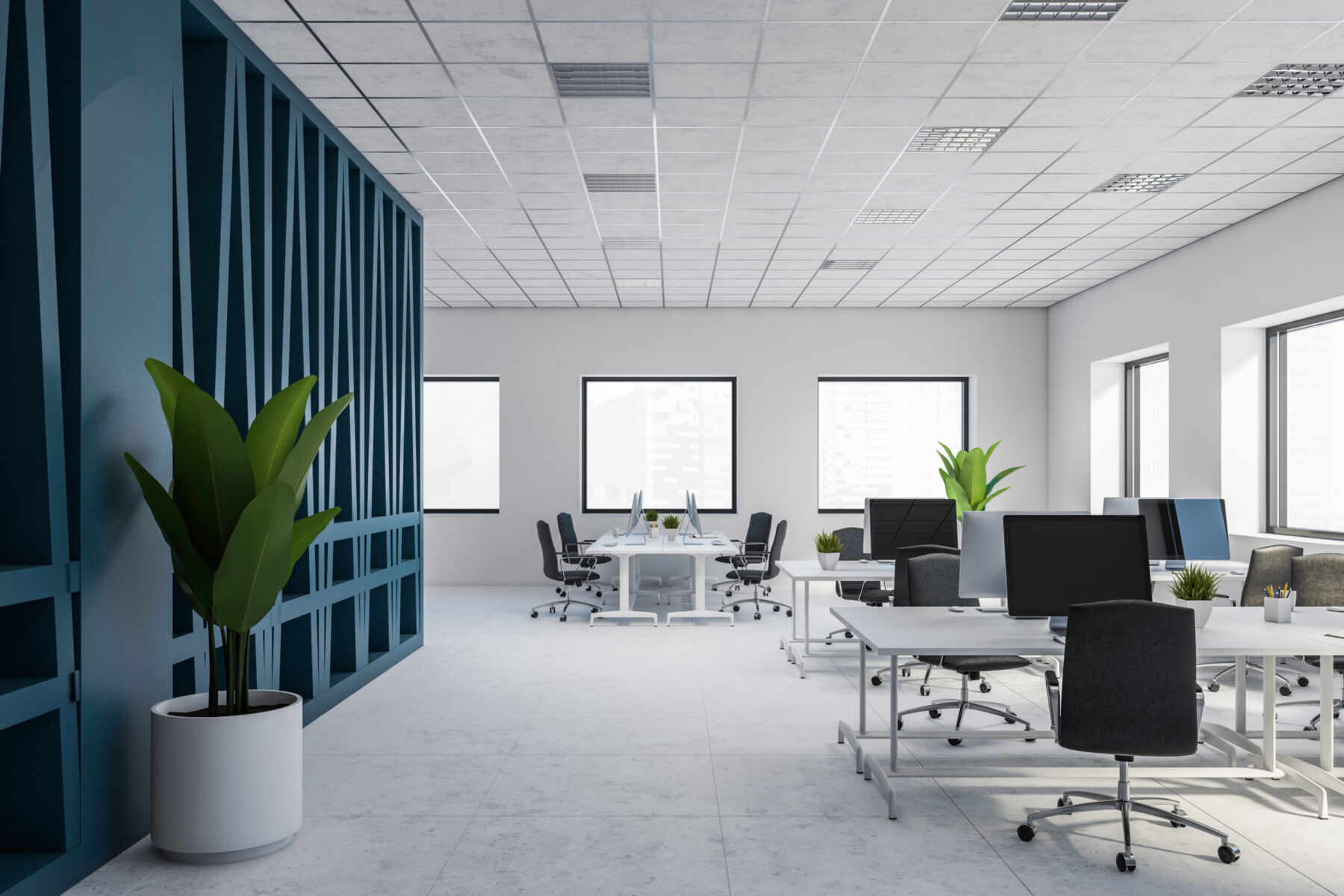 Interior of stylish open space office with white and blue walls, white tiled floor and rows of computer tables. 3d rendering