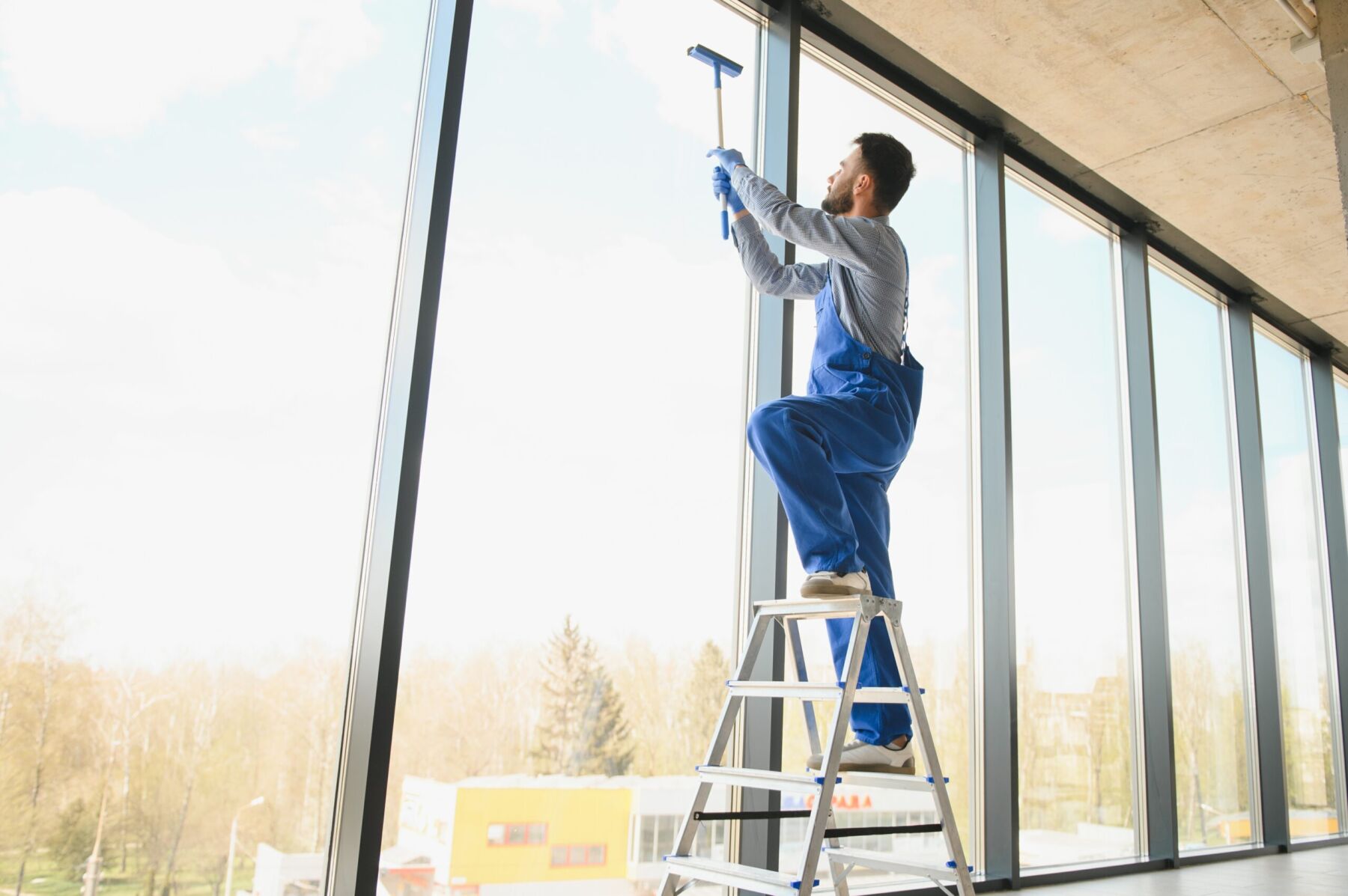 Young man cleaning window in office.