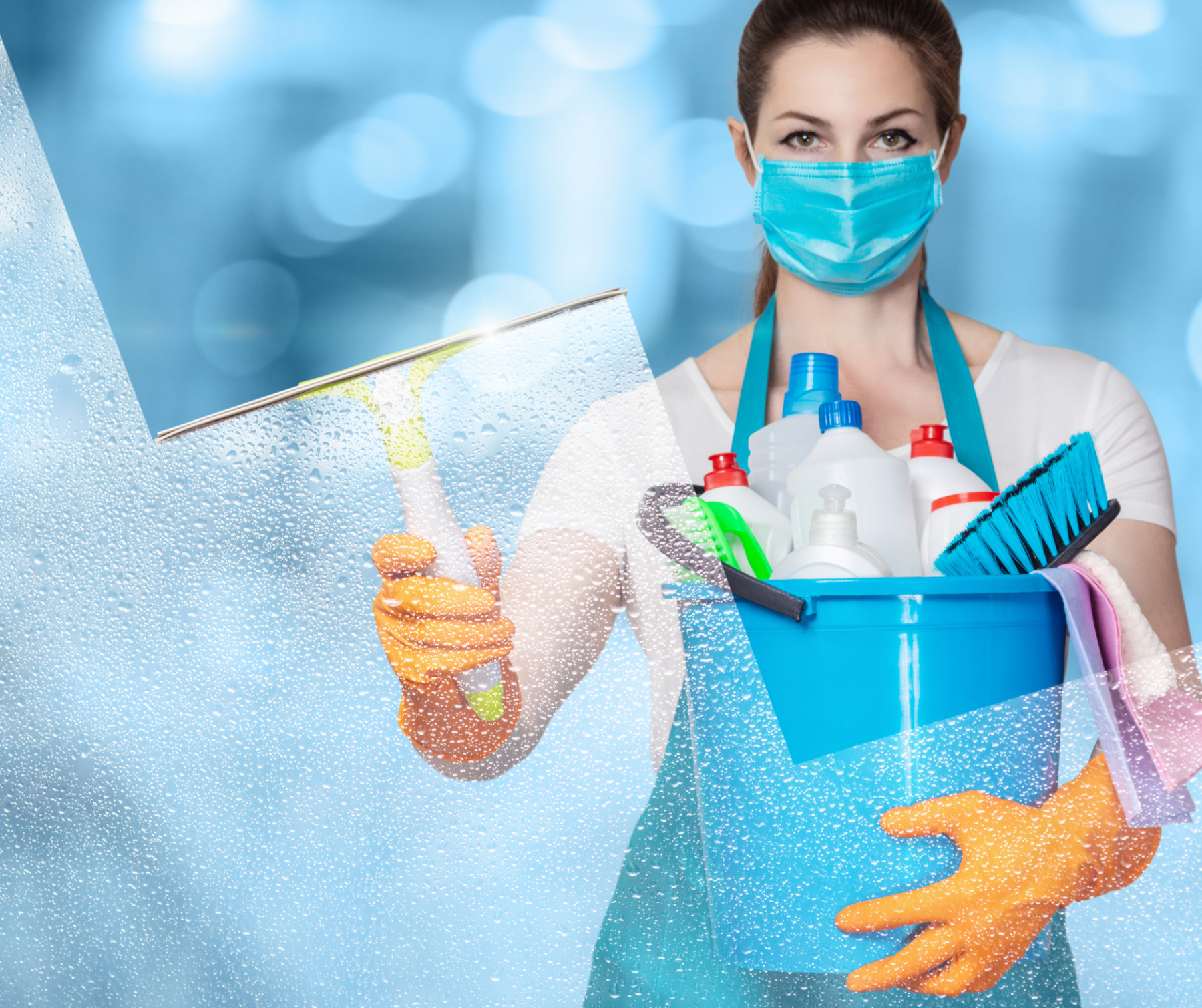 A woman professional cleaners ready to do her cleaning task in the school bathroom while carrying cleaning supplies and materials