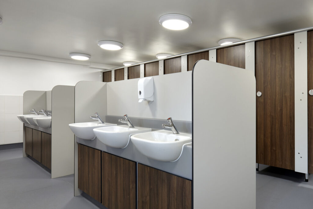 Image of a clean school bathroom, highlighting the importance of cleanliness in schools