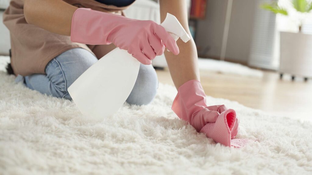 A professional cleaner disinfecting a carpet