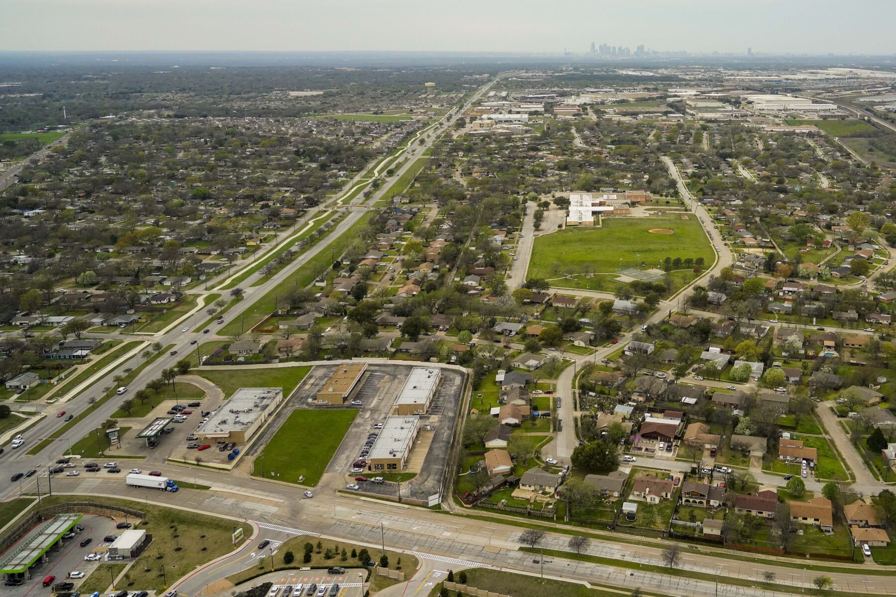 Aerial view of Military Parkway looking west toward the downtown Dallas skyline on Thursday, March 12, 2020, in Mesquite, TX. (Smiley N. Pool/The Dallas Morning News)