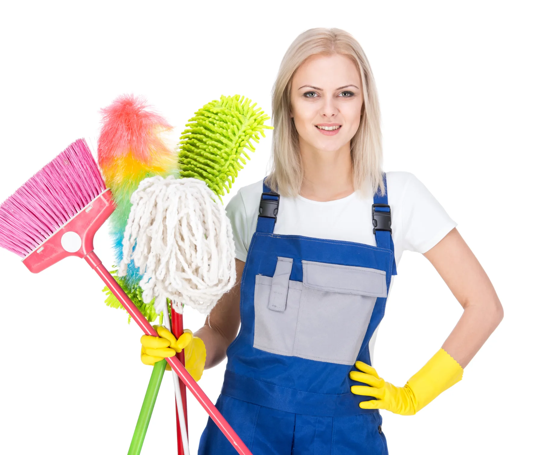A woman holding cleaning tools
