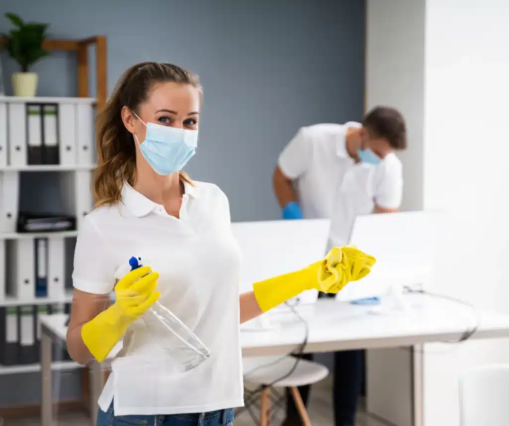 A man and woman cleaning in a office
