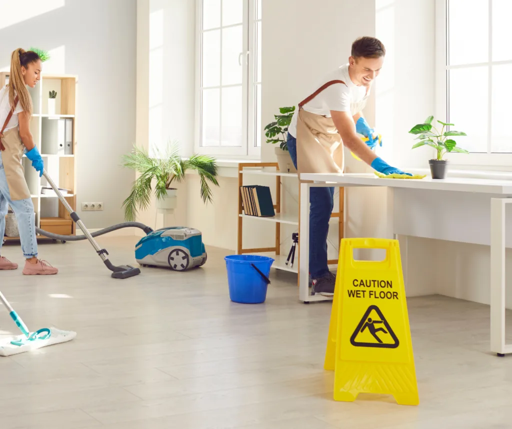 A man cleaning table and a woman cleaning the floor