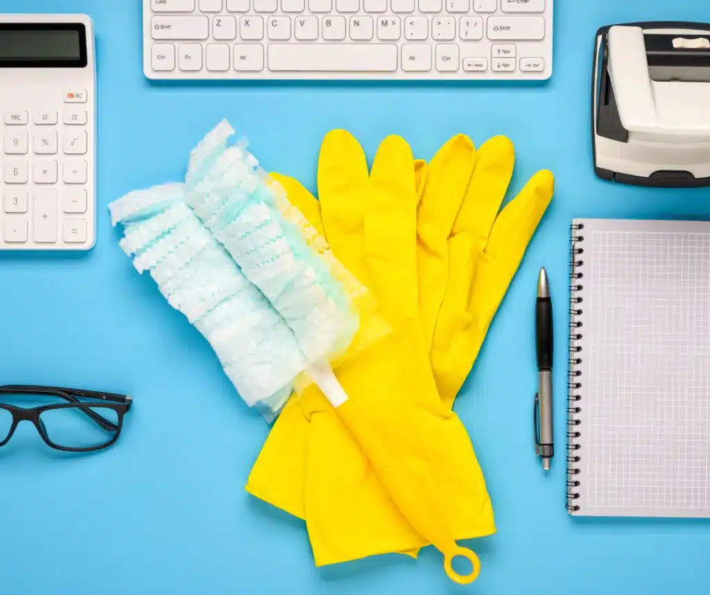 a pair of gloves and a duster with office supplies