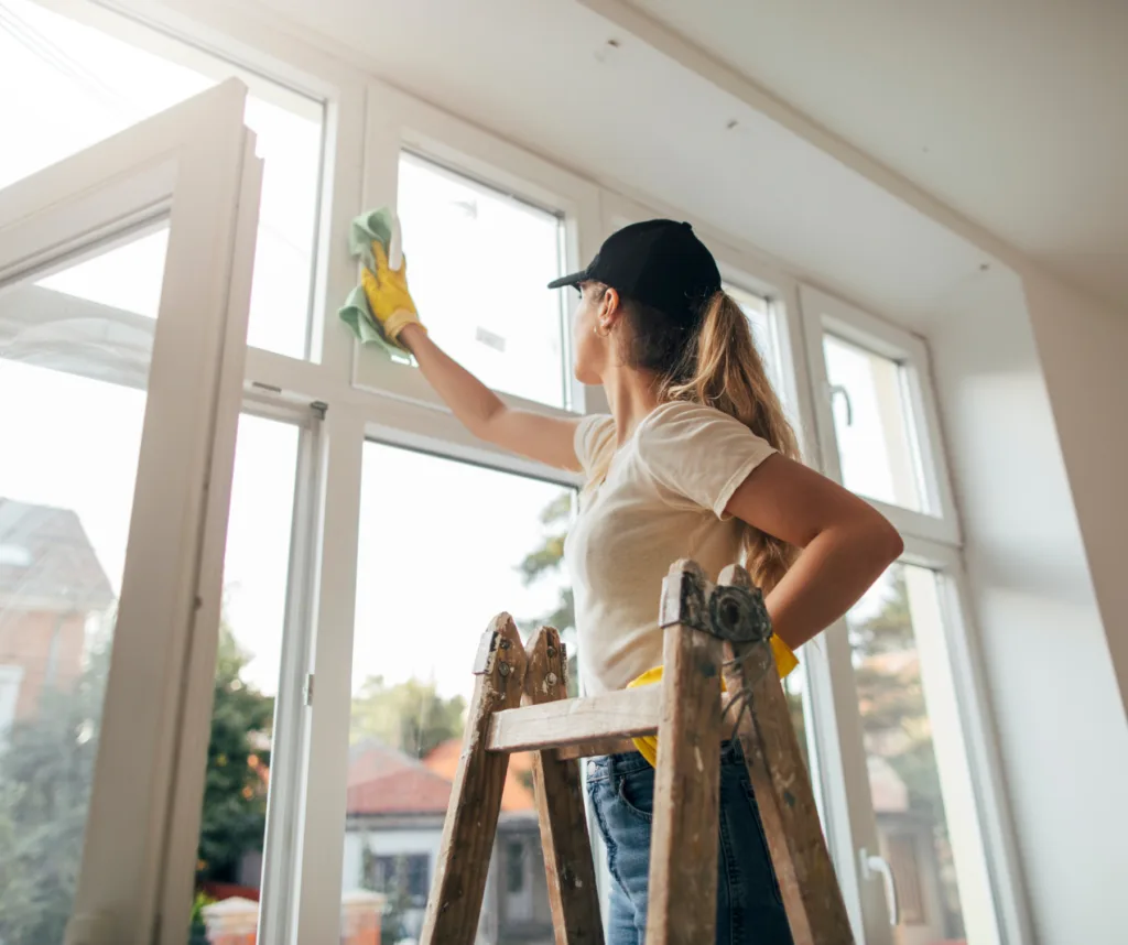 A woman stepped on the ladder while cleaning window