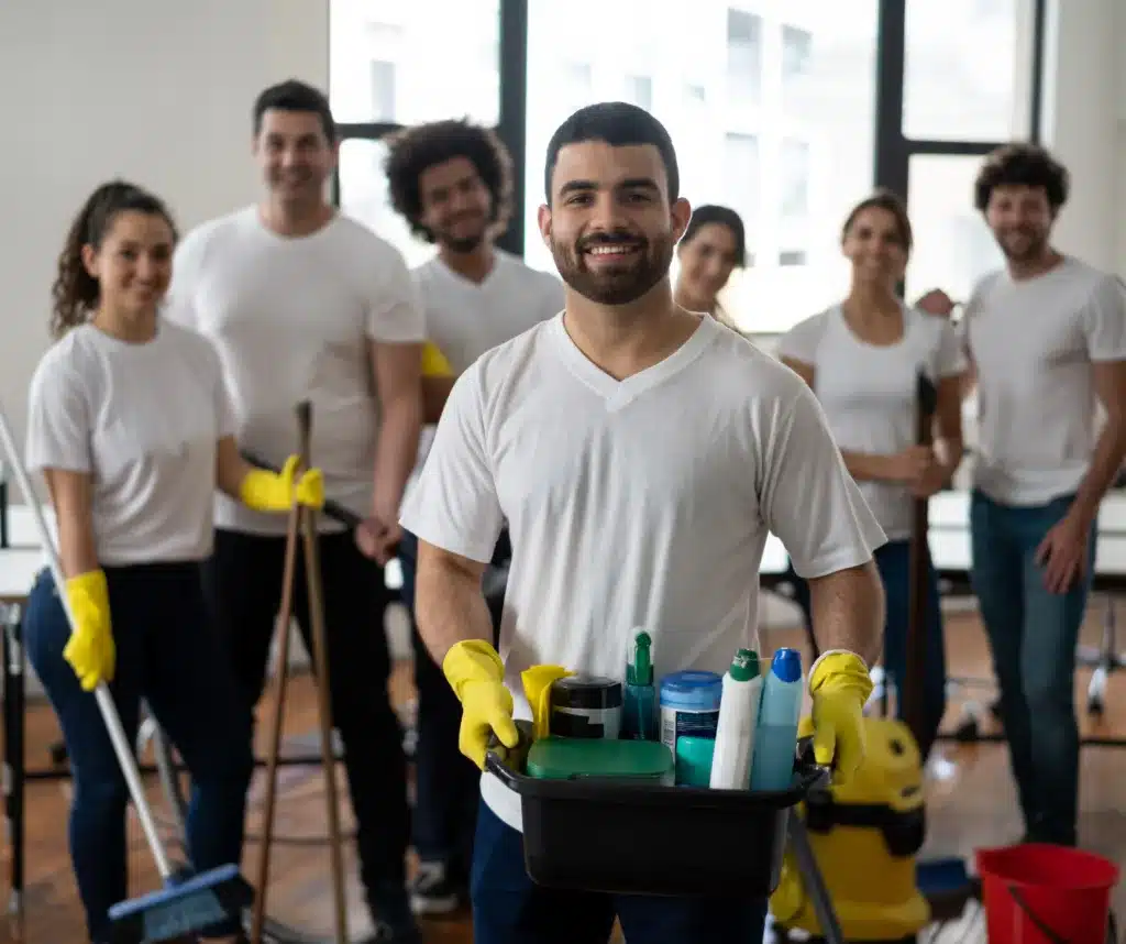 Seven people smiling while holding cleaning tools and supplies