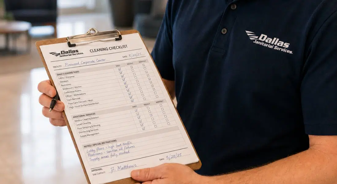 Dallas Janitorial Services employee holding a completed commercial cleaning checklist.
