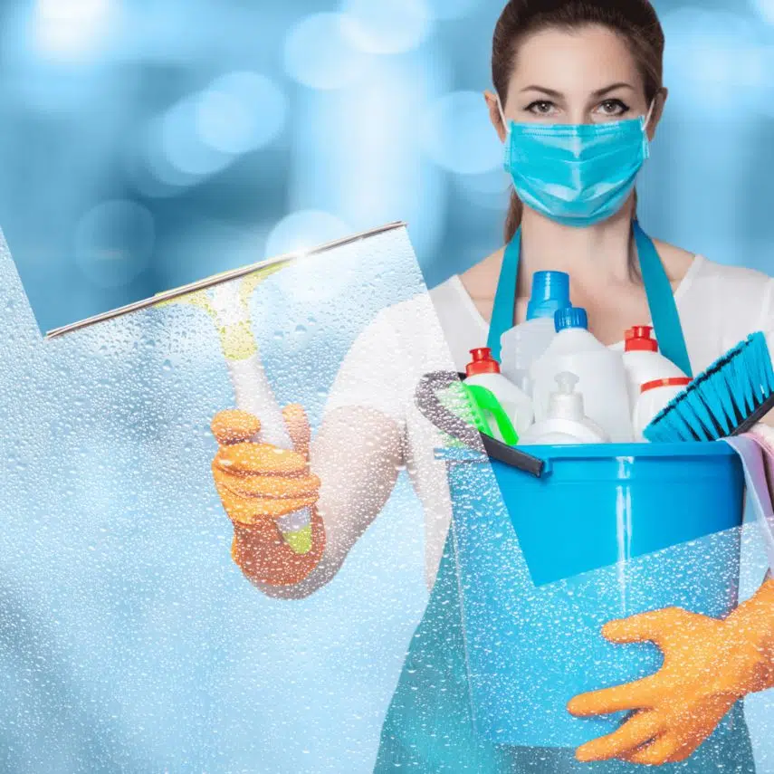 A woman professional cleaners ready to do her cleaning task in the school bathroom while carrying cleaning supplies and materials