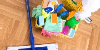 cleaning materials like floor mop, sponges, dust removers, detergents and brushes