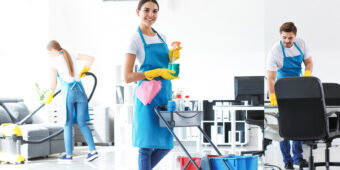 cleaning crew happily cleaning office place