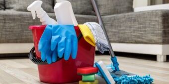 cleaning materials such as sponge gloves towel and floor mop