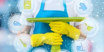 A woman holding mop with various cleaning tools icon